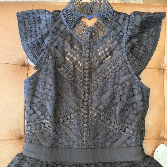 Chelsea28 Black Lace Midi Dress with Peplum Waist - Picture 2 of 12